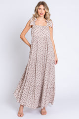 Taupe Floral Shoulder Tie Maternity Maxi Dress