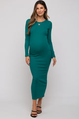 Green Ribbed Fitted Long Sleeve Maternity Midi Dress