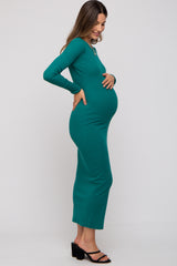 Green Ribbed Fitted Long Sleeve Maternity Midi Dress