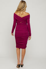 Magenta Off Shoulder Glitter Ruched Maternity Midi Dress