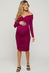 Magenta Off Shoulder Glitter Ruched Maternity Midi Dress