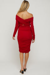 Red Off Shoulder Glitter Ruched Maternity Midi Dress