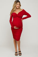 Red Off Shoulder Glitter Ruched Maternity Midi Dress