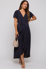 Navy Printed High-Low Hem Maternity Wrap Dress