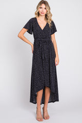 Navy Printed High-Low Hem Wrap Dress