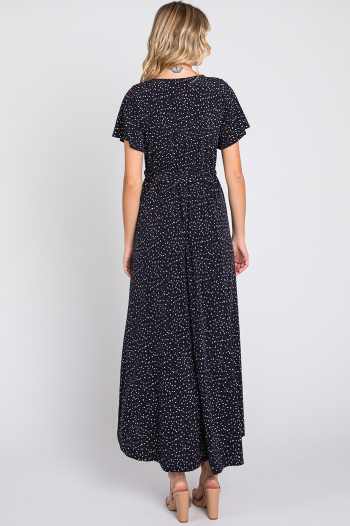 Navy Printed High-Low Hem Wrap Dress