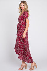 Burgundy Printed High-Low Hem Wrap Dress