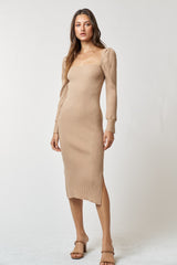 Taupe Ribbed Knit Long Sleeve Midi Dress