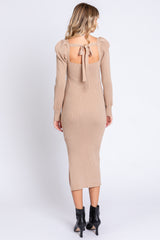 Taupe Ribbed Knit Long Sleeve Midi Dress