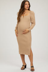 Taupe Ribbed Knit Long Sleeve Maternity Midi Dress