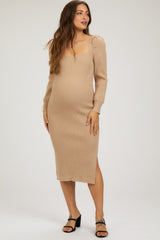 Taupe Ribbed Knit Long Sleeve Maternity Midi Dress