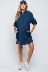 Navy Blue Gauze Button Down Maternity Dress