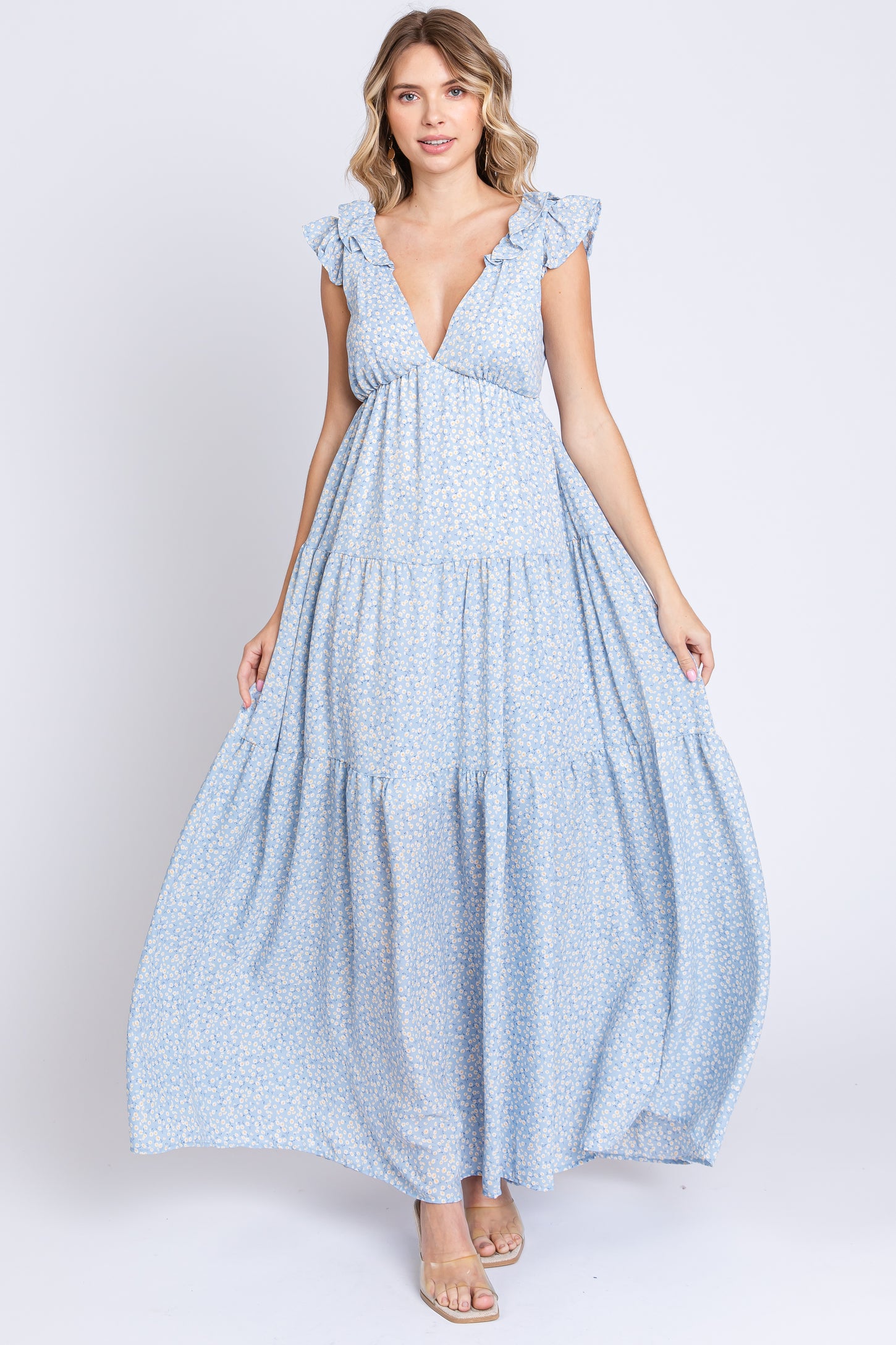 Light Blue Floral Deep V-Neck Tiered Maternity Maxi Dress