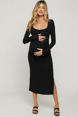 Black Ribbed Side Slit Maternity Midi Dress