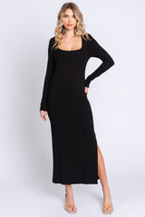 Black Ribbed Side Slit Midi Dress