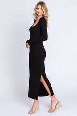 Black Ribbed Side Slit Midi Dress