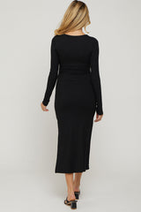 Black Ribbed Side Slit Maternity Midi Dress