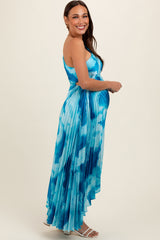 Blue Watercolor Satin Pleated One-Shoulder Asymmetrical Maternity Midi Dress