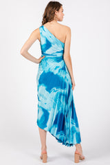 Blue Watercolor Satin Pleated One-Shoulder Asymmetrical Midi Dress