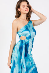 Blue Watercolor Satin Pleated One-Shoulder Asymmetrical Midi Dress