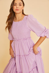 Lilac Textured Smocking Bodice Tired Midi Dress