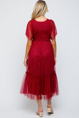 Burgundy Dotted Tulle Smocked Maternity Midi Dress