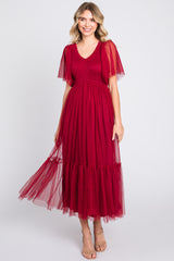 Burgundy Dotted Tulle Smocked Midi Dress