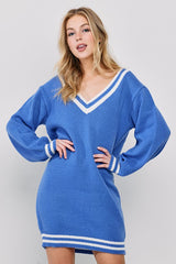 Blue Oversized Varsity Striped V-Neck Maternity Sweater Dress