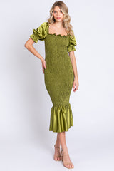 Lime Smocked Satin Midi Dress