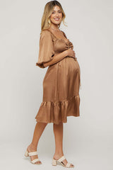 Mocha Satin Smocked Ruffle Hem Maternity Dress