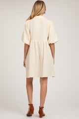 Cream Button Down Bubble Sleeve Collared Maternity Dress