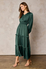 Hunter Green Ruffle Detail Dull Satin Dress