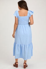 Light Blue Sleeveless Smocked Tiered Maternity Dress