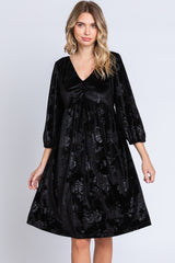 Black Velvet Floral Ruched Neck Dress