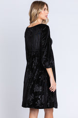 Black Velvet Floral Ruched Neck Dress