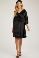 Black Velvet Floral Ruched Neck Maternity Dress