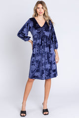 Navy Velvet Floral Ruched Neck Dress