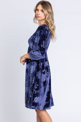 Navy Velvet Floral Ruched Neck Dress