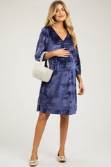 Navy Velvet Floral Ruched Neck Maternity Dress