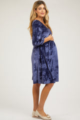 Navy Velvet Floral Ruched Neck Maternity Dress