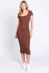 Brown Rib Knit Short Sleeve Midi Dress