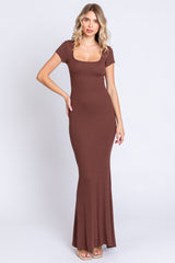 Brown Ribbed Scoop Neck Maternity Maxi Dress