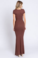 Brown Ribbed Scoop Neck Maxi Dress