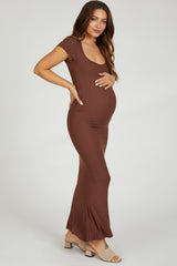 Brown Ribbed Scoop Neck Maternity Maxi Dress