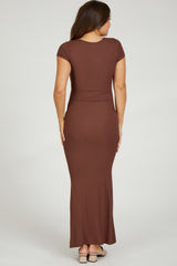 Brown Ribbed Scoop Neck Maternity Maxi Dress