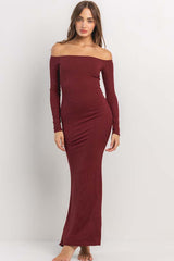 Burgundy Ribbed Off Shoulder Long Sleeve Maternity Maxi Dress