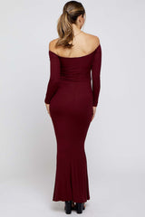 Burgundy Ribbed Off Shoulder Long Sleeve Maternity Maxi Dress