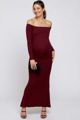 Burgundy Ribbed Off Shoulder Long Sleeve Maternity Maxi Dress