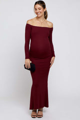 Burgundy Ribbed Off Shoulder Long Sleeve Maternity Maxi Dress