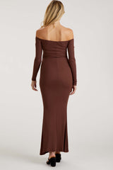 Brown Ribbed Off Shoulder Long Sleeve Maternity Maxi Dress